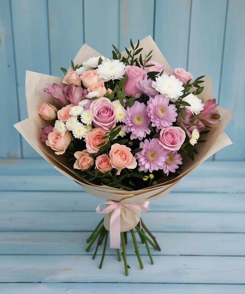 Букет цветов из: Хризантемы, Розы и Альстромерии в Лесной