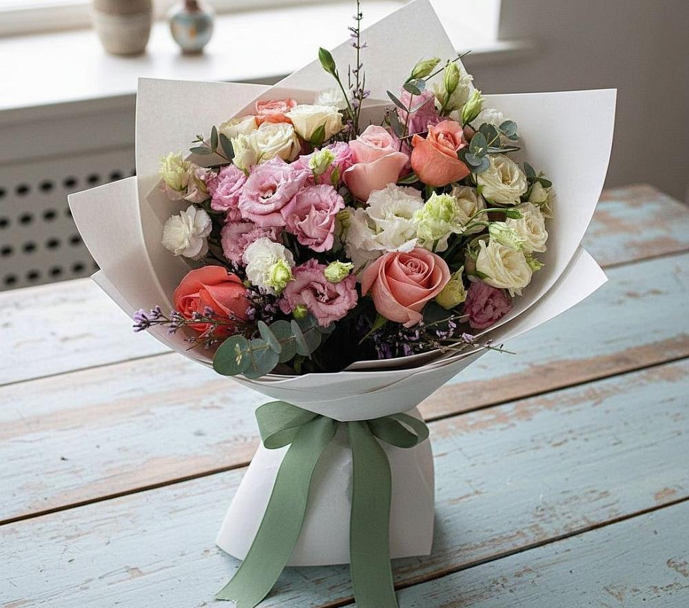 Букет цветов из: Розы, Лизиантусы и Гвоздики в Лесной