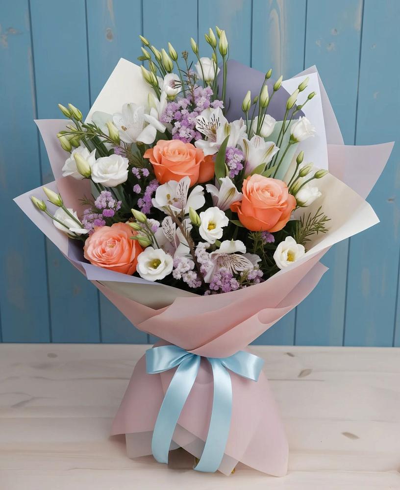 Букет цветов из: Лизиантусы, Розы, Альстромерии и Гипсофила в Лесной