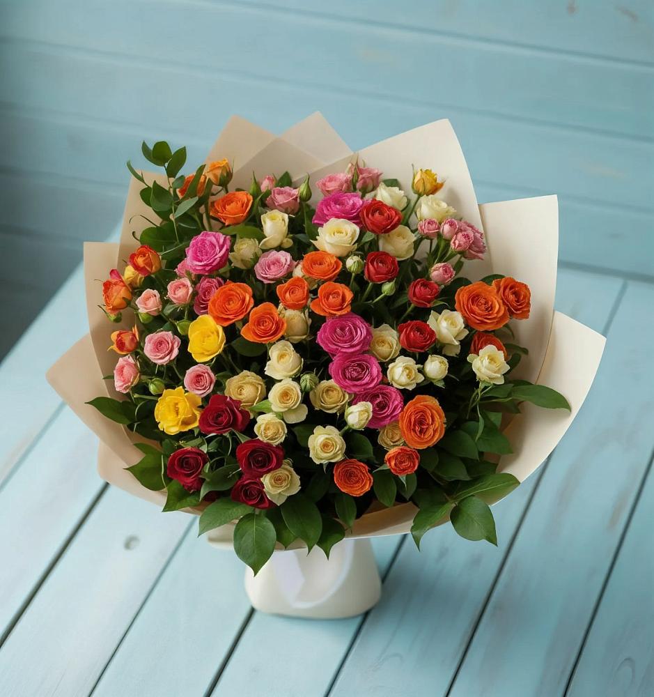 Букет Микс из разноцветных кустовых роз в Лесной