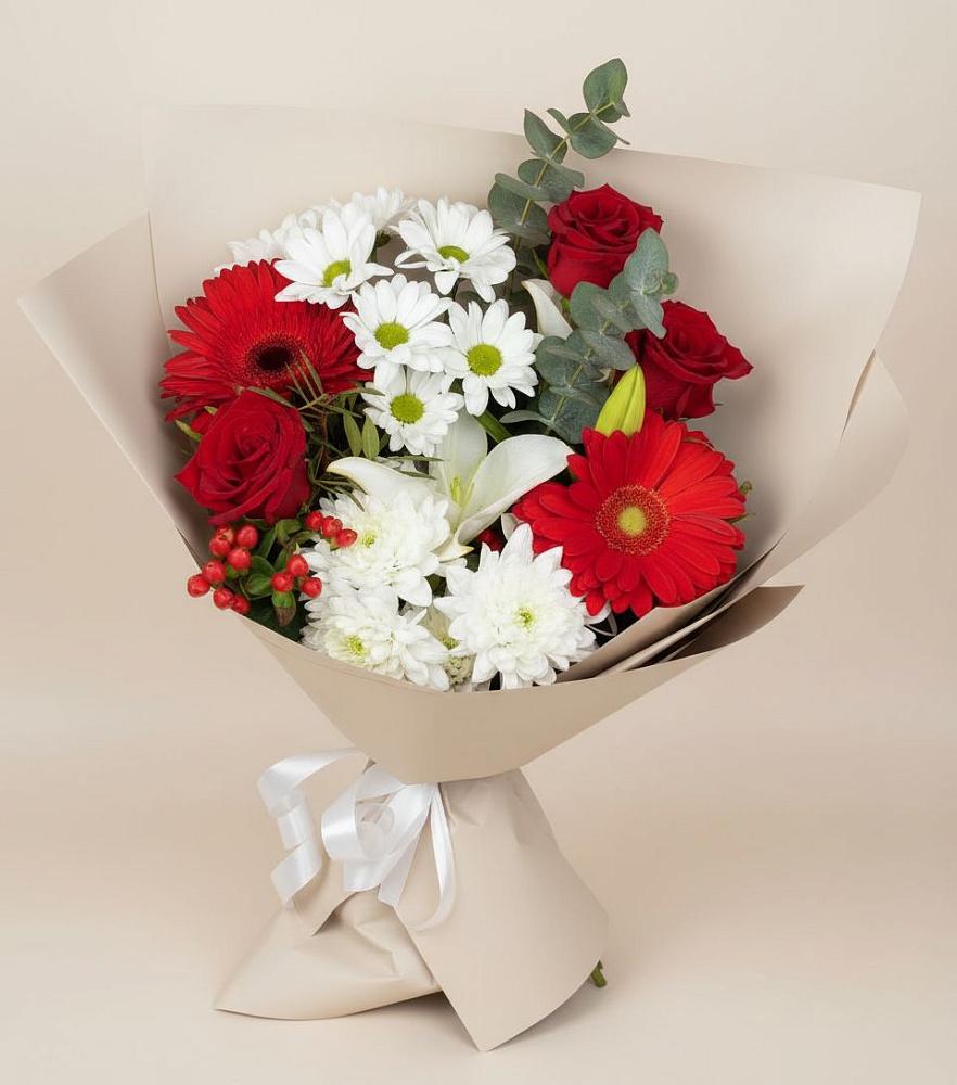 Букет цветов из: Розы, Хризантемы, Герберы и Лилии в Лесной